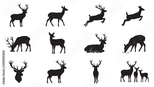 Tableau sur toile Deer Silhouette Vector Set, Stag and Doe Icons Bundle