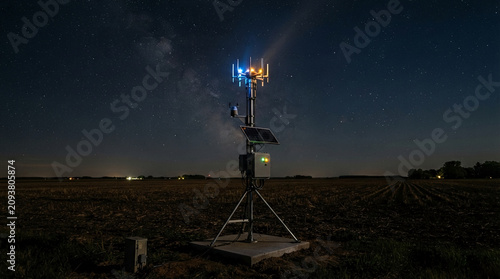 Cell tower in remote field under starry night sky with Milky Way