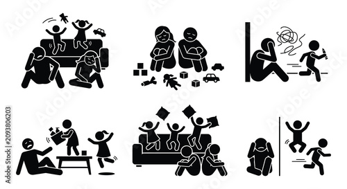 Принти на полотні Family Stress Scenes Black Vector Silhouettes On White Background