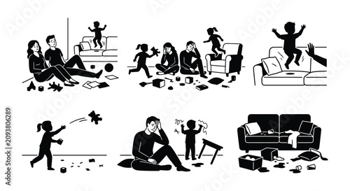 фотографія Family Stress Scenes Black Vector Silhouettes On White Background
