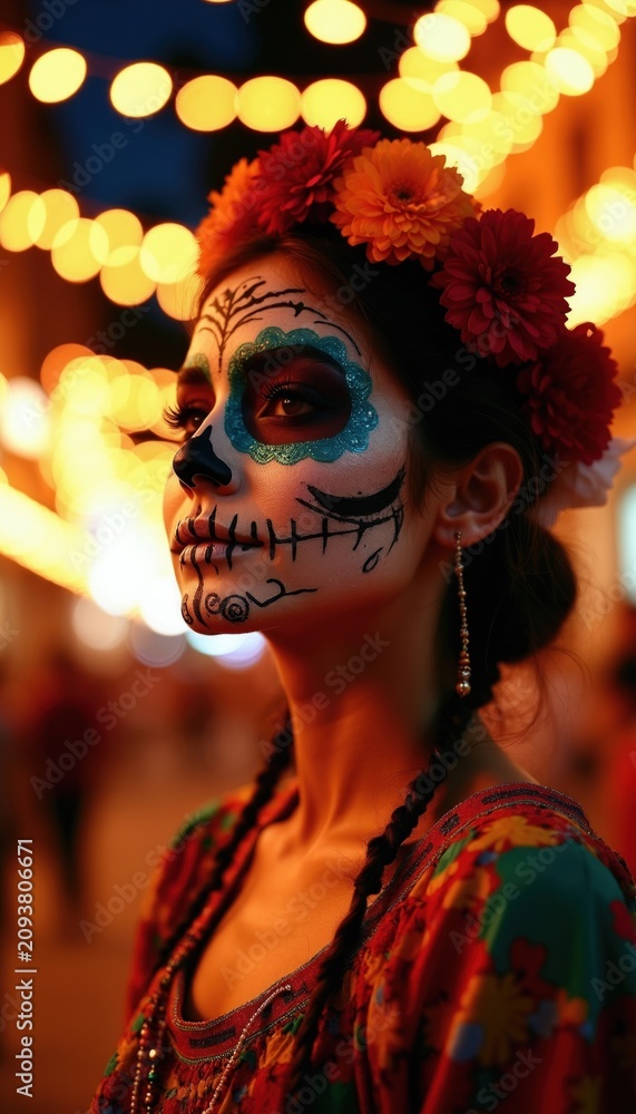 Fototapeta premium Young woman wears traditional Catrina skull makeup, floral headpiece for Dia de Muertos night event. Celebrates Mexican holiday in colourful festive outfit lights glow in background. Person honors