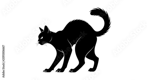 Black cat silhouette with arched back, spooky Halloween feline vector, aggressive hissing cat profile, mystical animal icon for occult and gothic designs