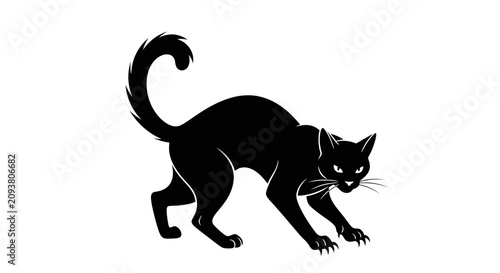 Photography Hissing black cat silhouette with arched back, spooky halloween feline vector il