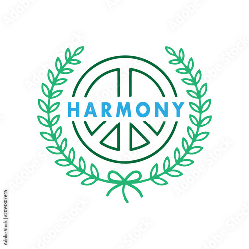Fotografi Minimalist Harmony Emblem with Peace Symbol and Green Laurel Wreath Vector