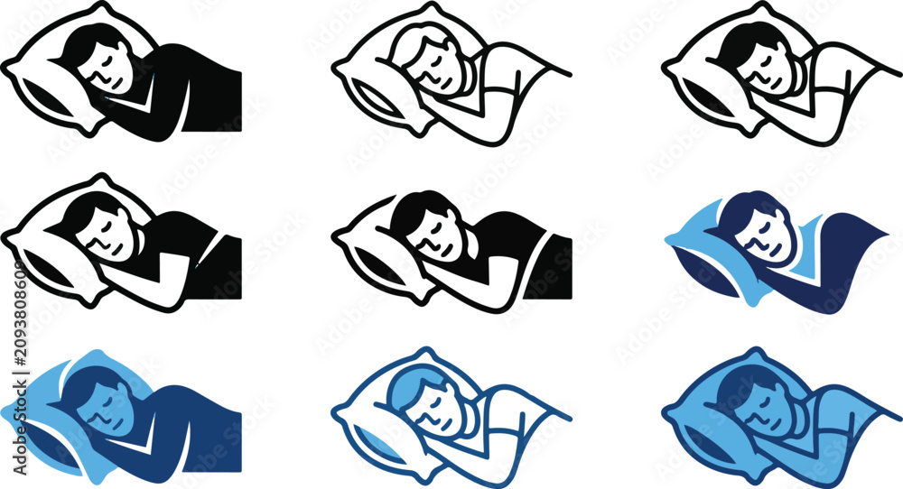 Fototapeta premium Sleeping person icon set with pillow rest bedtime nap relaxation and peaceful sleep symbols in blue black vector illustration collection