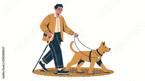Visually impaired man walking with a white cane and a guide dog, representing accessibility and independent living for disabled.