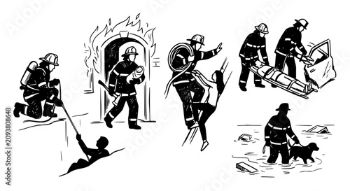 Photos firefighter rescue vector, fireman action scene, black white emergency illustrat