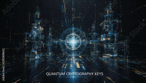 Quantum Cryptography Keys: Futuristic abstract visualization depicting quantum cryptography keys, with glowing geometric patterns and digital matrix.