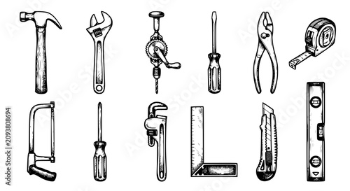 Obraz na płótnie hand tools vector, hammer wrench pliers, black white workshop tools, screwdriver