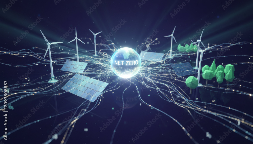 Fototapeta premium Net Zero Energy Transition: A dynamic digital visualization illustrates the global shift towards net-zero emissions, featuring wind turbines, solar panels.