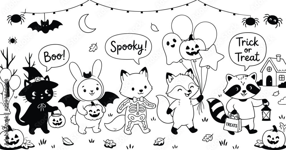 Fototapeta premium Halloween animals parade black and white line art illustration