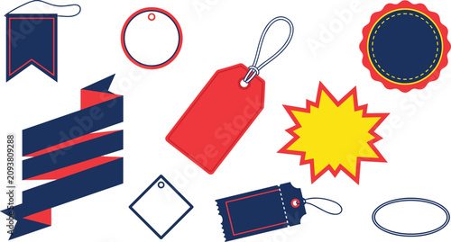 Fotografie Assorted blank price tags and promotional labels in red and navy blue colors for