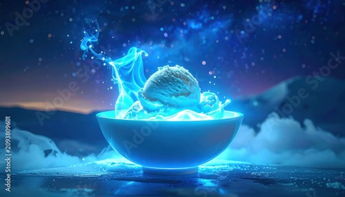 Glowing blue ice cream bowl under starry sky