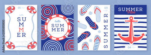 Foto Set of summer striped sea vacation posters or covers