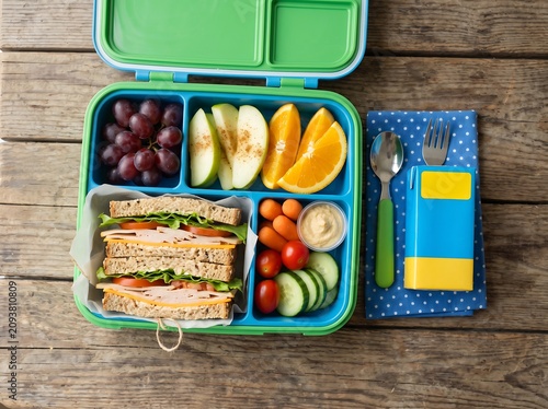 Healthy School Lunch Box with Sandwiches, Fresh Fruits, and Vegetables on a Wooden Table