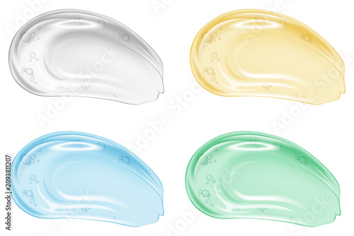 Cosmetic gel swatches set in clear, blue, green, and yellow isolated on white background. Photo- realistic vector illustration.