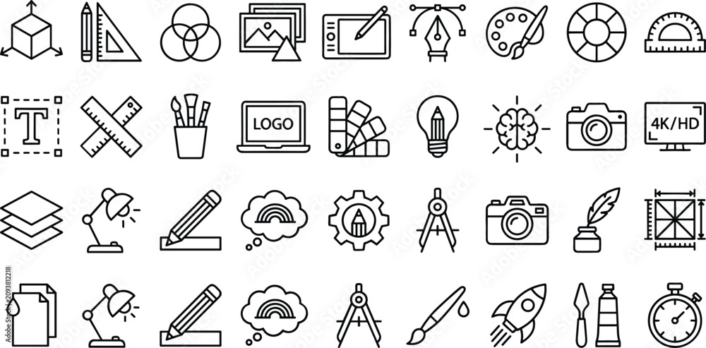 Fototapeta premium Graphic Design and Digital Art Studio Thin Line Icon Set for Creative Industry Software, Vector Branding, and Project Workflow Media Designs