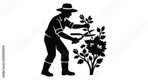Foto Gardener Pruning Bush With Shears Black Silhouette