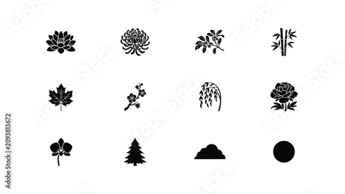 Fotografía Elegant minimalist black and white botanical icons collection with evoking simpl