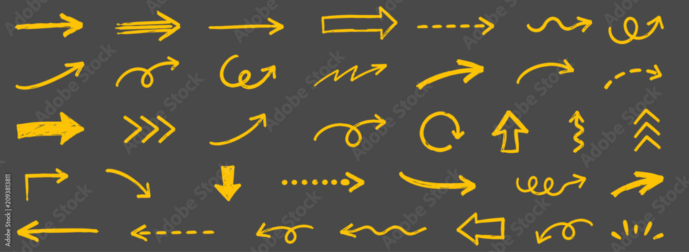 Fototapeta premium Hand drawn chalkboard arrow set with white brush lines, curved pointers, scribble waves, swirl strokes and playful school doodles on black background, vector illustration