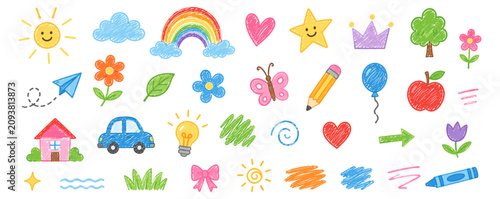 Cute kid crayon line icon set with hand drawn flower, heart, star, rainbow and cloud. Pastel pencil doodles for children, school, kindergarten and playful backgrounds. Vector illustration