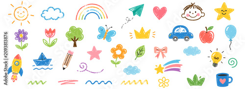 Quadro su tela Hand drawn children crayon doodle set with cute flower, heart, star, cloud and rainbow line icons