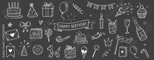 Obraz na płótnie Hand drawn birthday doodle icon set on chalkboard background with cake, gift, balloons, party hat, candles and confetti for celebration, carnival and event designs