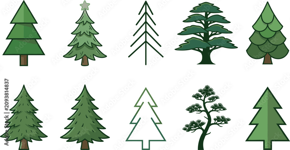 Obraz premium Pine and Spruce Tree Vector Set with Flat, Minimalist, Line Art, and Christmas Fir Styles for Nature, Forest, and Winter Holiday Graphic Designs