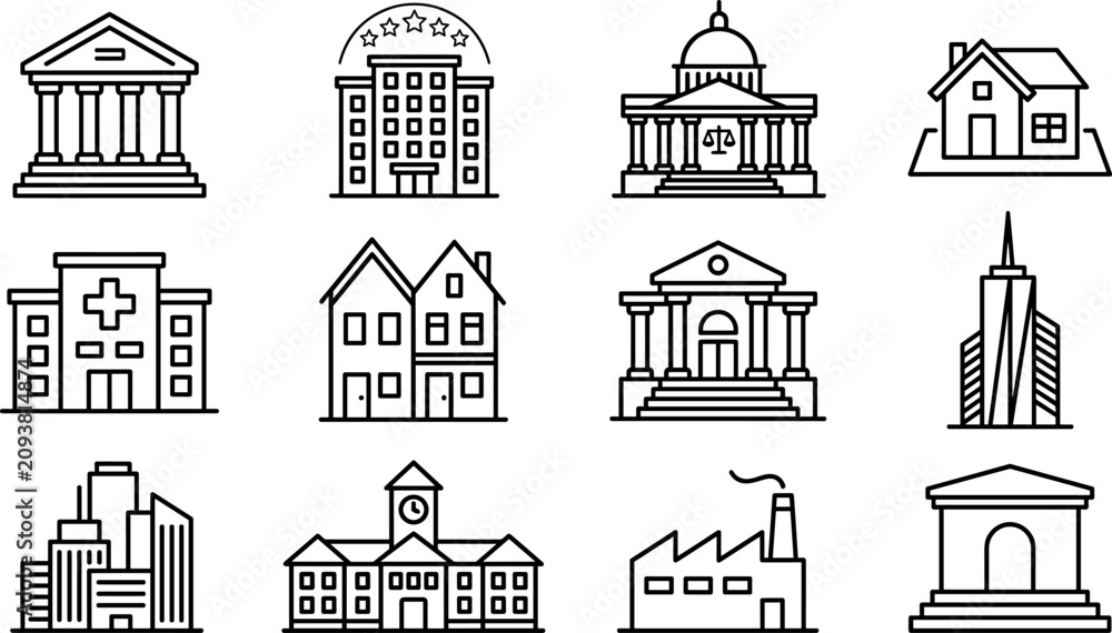 Fototapeta premium Building Line Icon Set with Bank, Hotel, Court, House, Hospital, School, Factory, and Skyscraper Symbols for Urban Architecture and Real Estate Graphic Designs