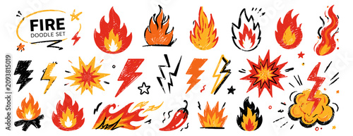 Tableau sur toile Hand drawn fire flame doodle icon set with brush scribble, chalk grunge texture, lightning bolt, explosion burst, energy blast, power sticker and rock graphic
