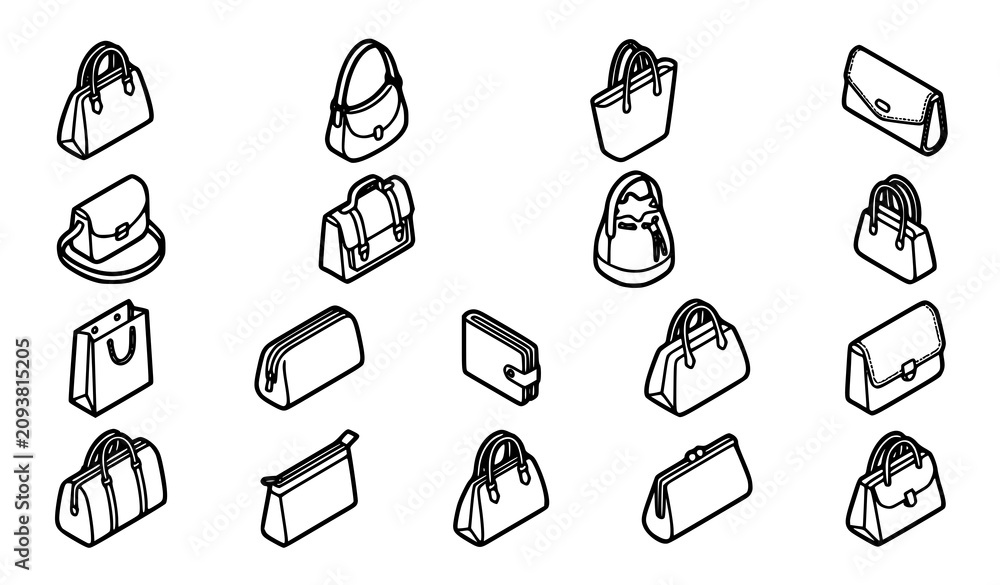 Fototapeta premium Women's Purse Bag Isometric Icon Vector Collection Isolated on White Background