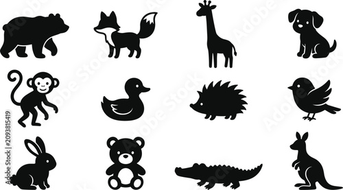 Photography Cute Animal Silhouette Icon Set Featuring Bear, Fox, Giraffe, Puppy, Monkey, Duc