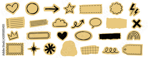 Quadro su tela Hand drawn scrapbook collage sticker set with paper cut elements, crayon doodle brush texture, cute planner labels, heart, arrow, circle, star, torn shapes and craft frames