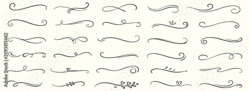 Elegant flourish swash line set with hand drawn calligraphy curves, thin ink strokes, vintage scrolls, curly underlines, ornamental swirls and text decorations. Vector illustration