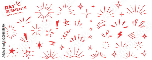 Bild auf Leinwand Hand drawn starburst ray and confetti line icon set with glitter sparks, pop sha