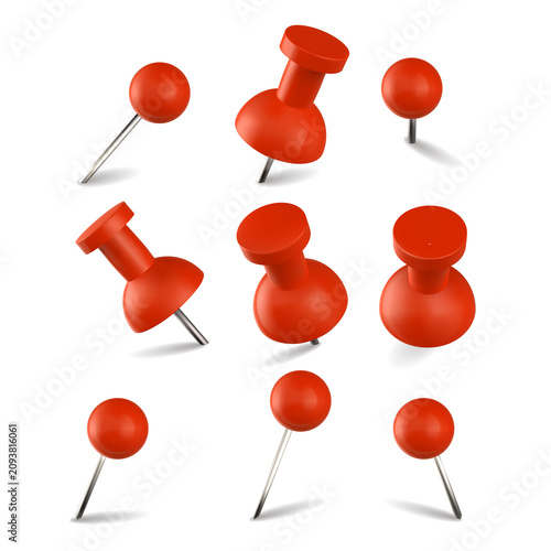 Quadro su tela Collection of various red plastic push pins and thumbtacks in different angles a