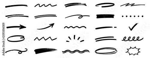 Konstfotografi Marker squiggle underline collection with scribbled brush strokes, curved swooshes, wavy emphasis marks and hand drawn highlight lines for lettering and text decoration