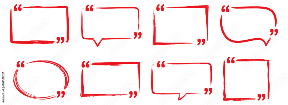 Fototapeta premium Quotation text box frame set with hand drawn marker brush strokes, speech bubble quote marks, square chat banners and message label templates. Vector illustration