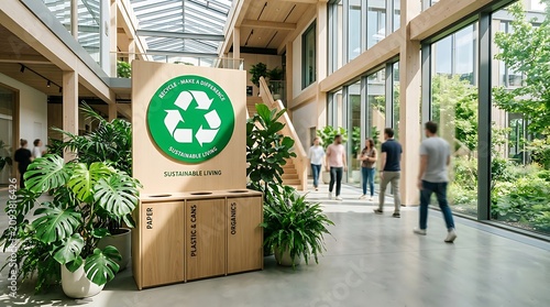 Modern office interior with abundant plants, recycling station, and people walking, promoting sustainable living and eco-friendly workspace.