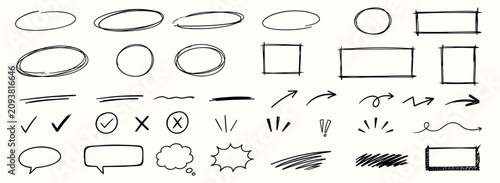 Foto Hand drawn scribble circle and underline stroke set with black pen doodle arrows