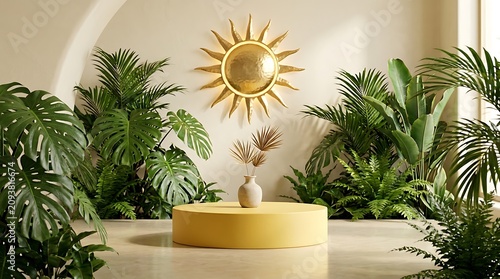 Golden sunburst wall decor above yellow circular pedestal with vase and tropical plants indoors.