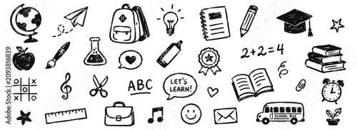 Back to school chalk doodles on blackboard with hand drawn education icons, books, science symbols, stationery and cute classroom elements in charcoal crayon vector style