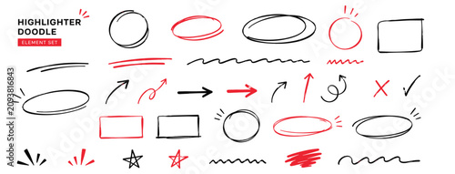 Foto Black and red pen circle, underline and doodle arrow strokes, hand drawn highlig