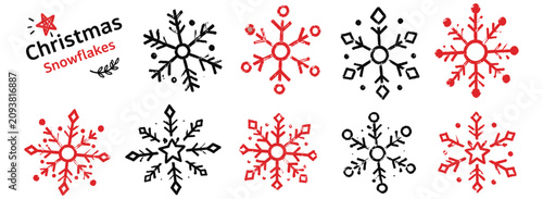 Schilderij op canvas Hand drawn Christmas snowflake set with black wax crayon and charcoal texture, q