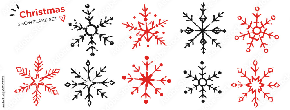 Fototapeta premium Hand drawn Christmas snowflakes with white crayon, chalk and charcoal texture, quirky winter doodle set for holiday cards, kids crafts and festive blackboard art. Vector illustration