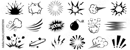 Schilderij op canvas Comic superhero impact effect with boom explosion, punch cloud, speed lines and