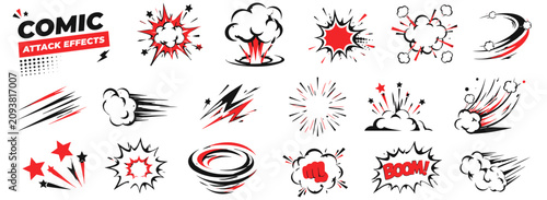 Photos Comic impact effect with boom explosion, puff cloud, action speed lines, punch burst and dynamic doodle elements for vibrant motion scenes