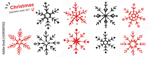 Cuadro en lienzo Hand drawn Christmas snowflakes with white crayon, chalk and charcoal texture, quirky winter doodle set for holiday cards, kids crafts and festive blackboard art