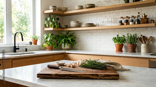 Bright modern kitchen with wooden cabinets marble countertops and fresh ingredients on cutting board.