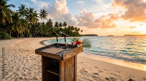 Tropical beach wedding podium with microphones and flower arrangement at sunset on a sandy shore with palm trees and ocean waves.